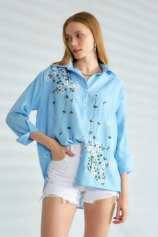 Blue Embroidered Blossoms Shirt