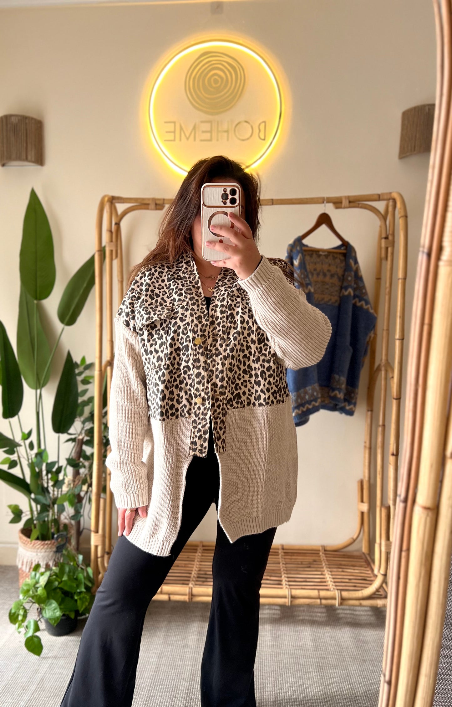 Denim X Triko Beige Leopard Jacket With Pockets