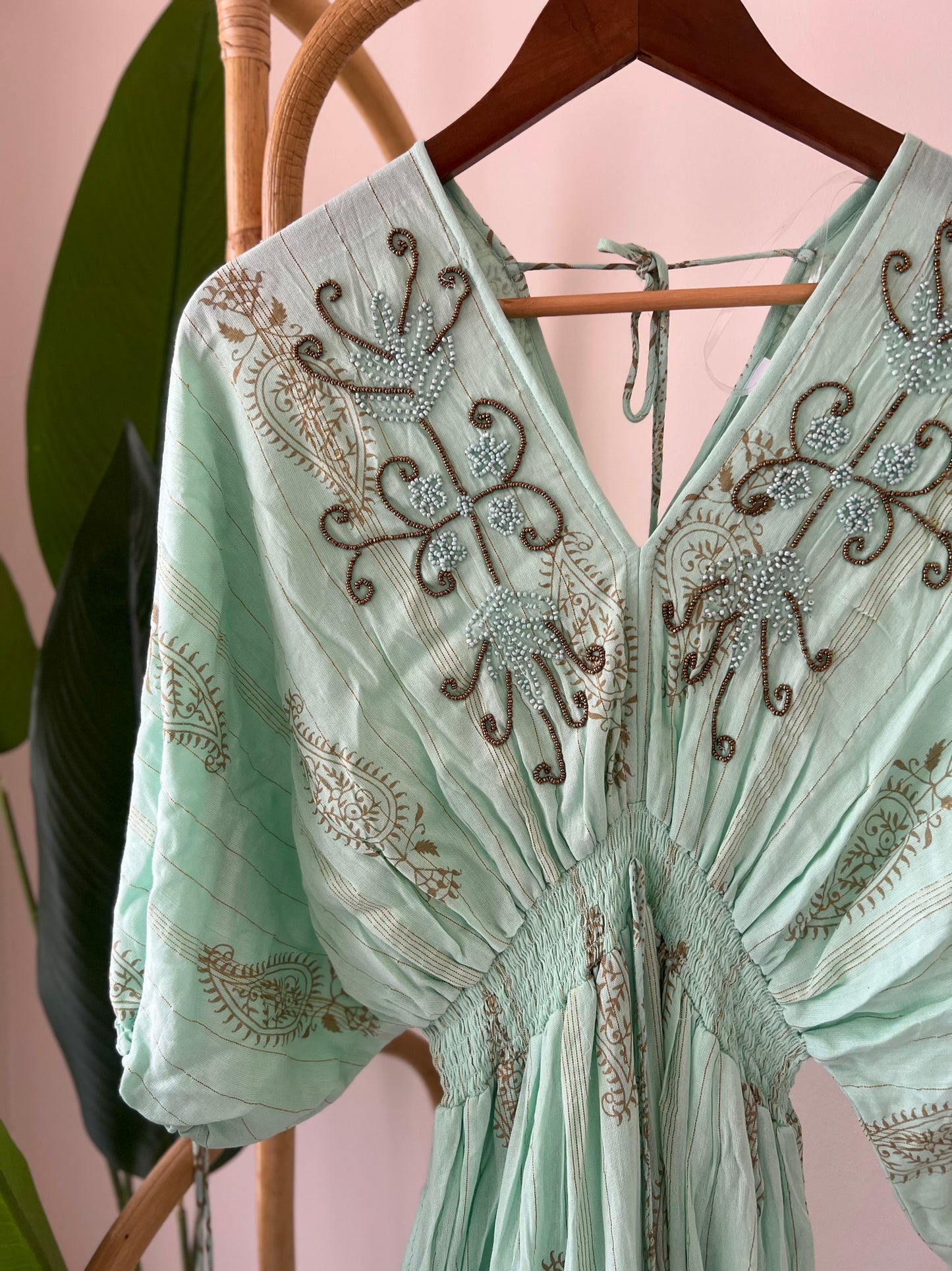 Italian Turquoise Embroidered Dress With Pockets