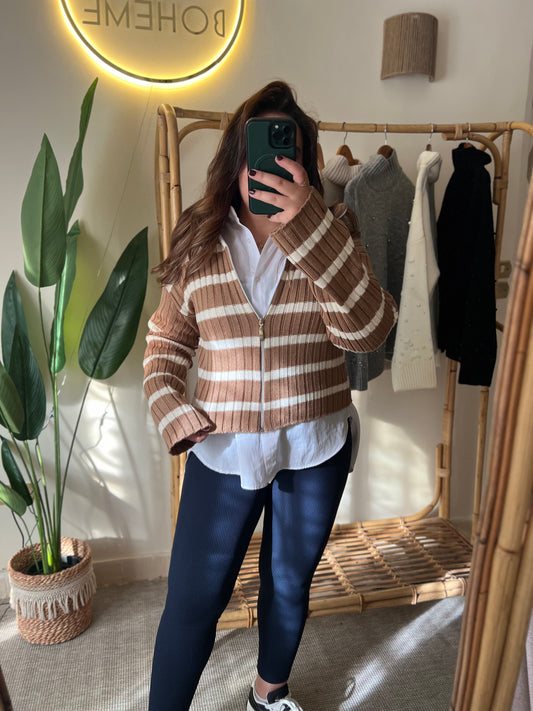 Camel & White Striped Zipper Triko Jacket