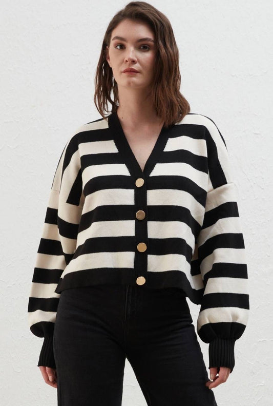 Stripped Black X White Cardigan With Golden Buttons