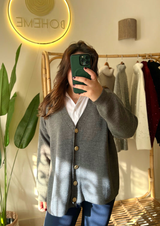 Grey Oversized Cardigan With Golden Buttons