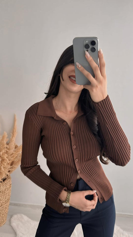 Brown Buttons Ribbed Basic Cardigan