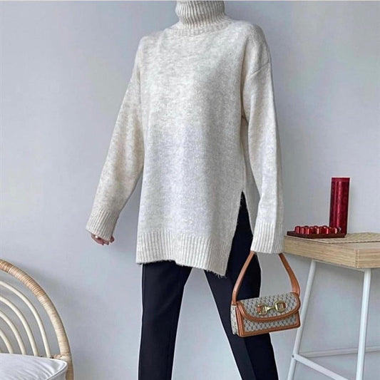 Cream Turtleneck Long Pullover With Slits