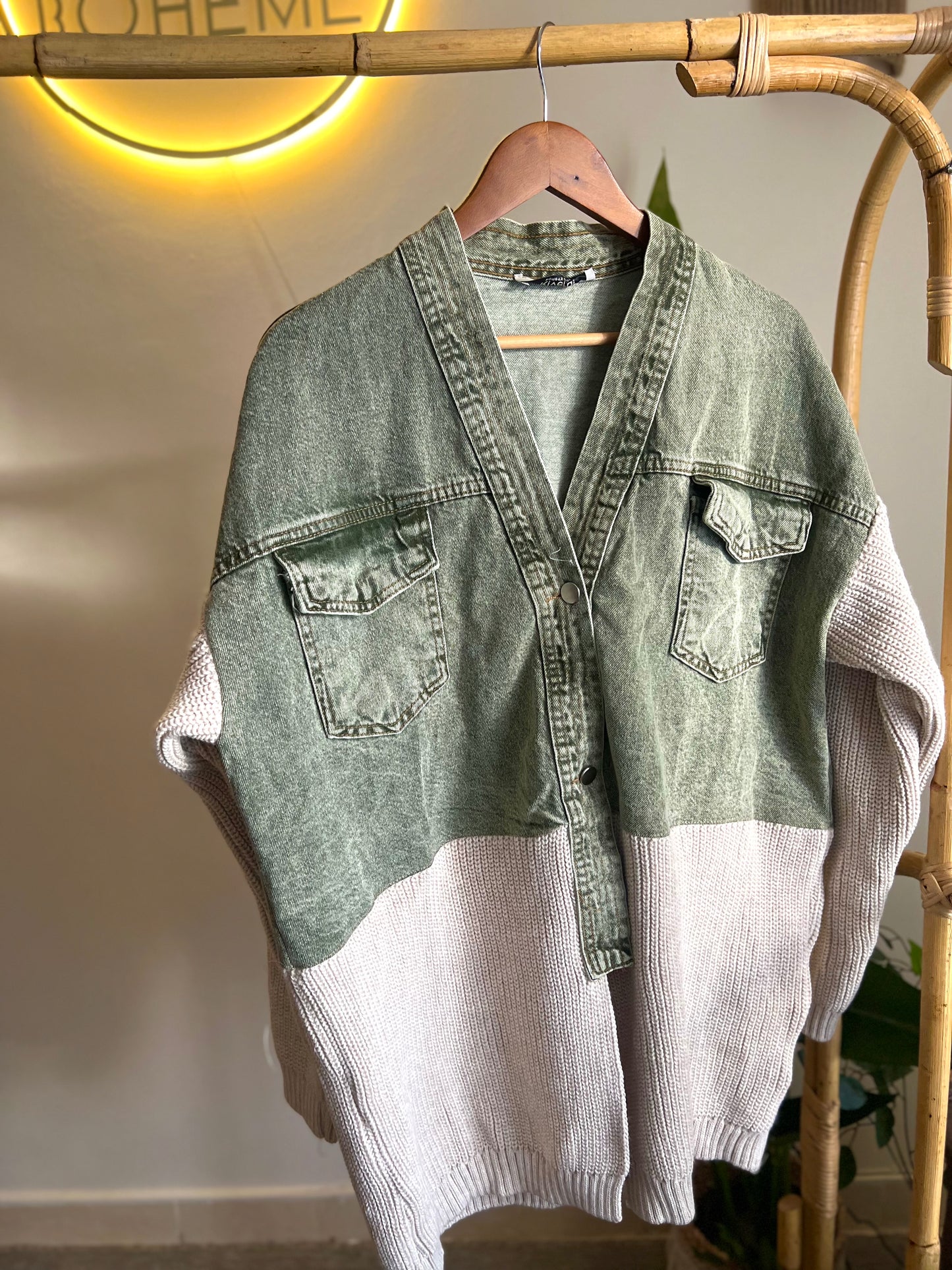 Washed Green Denim X Triko Jacket With Pockets