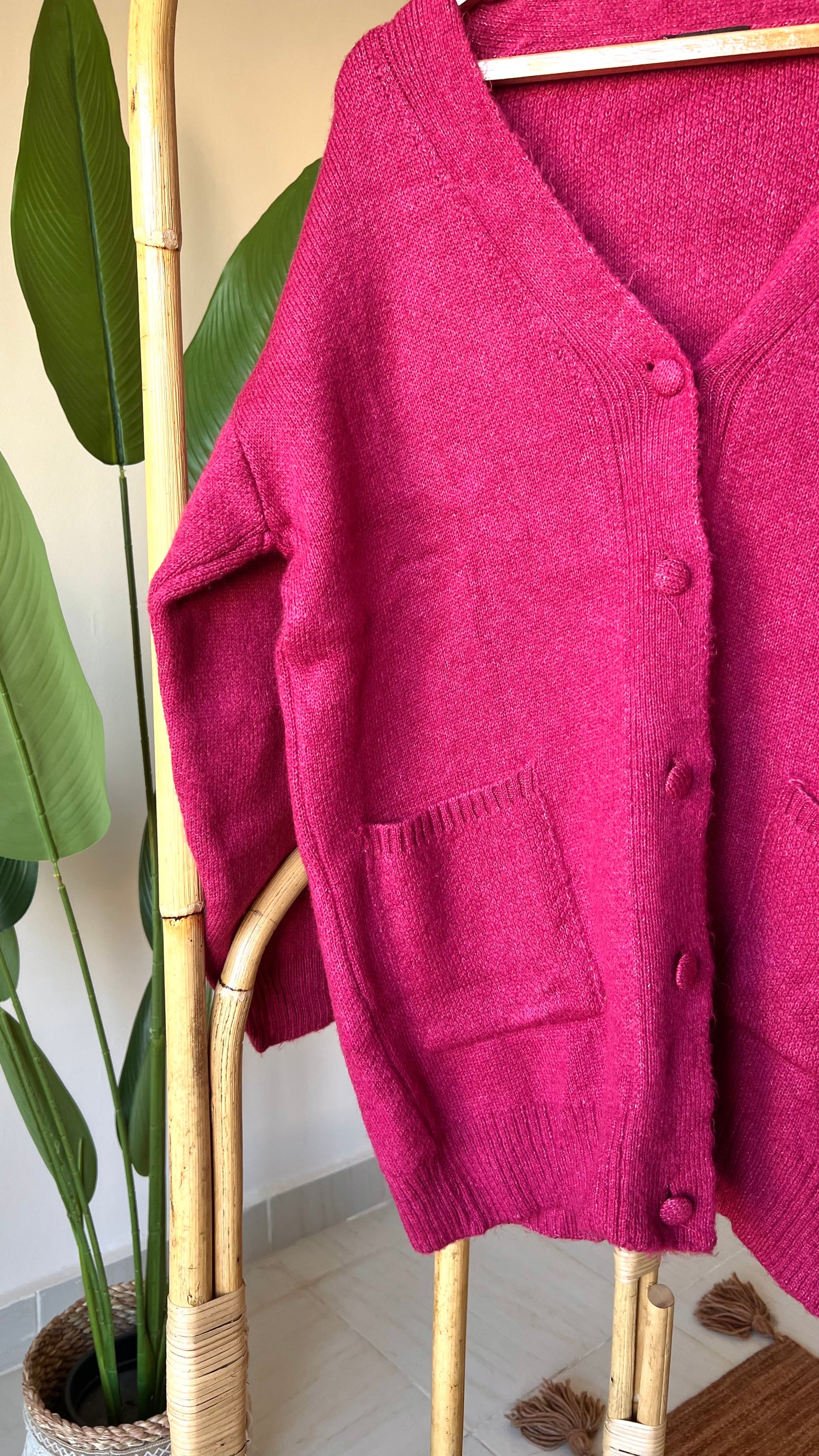Fuchsia Double Pockets Knitted Cardigan