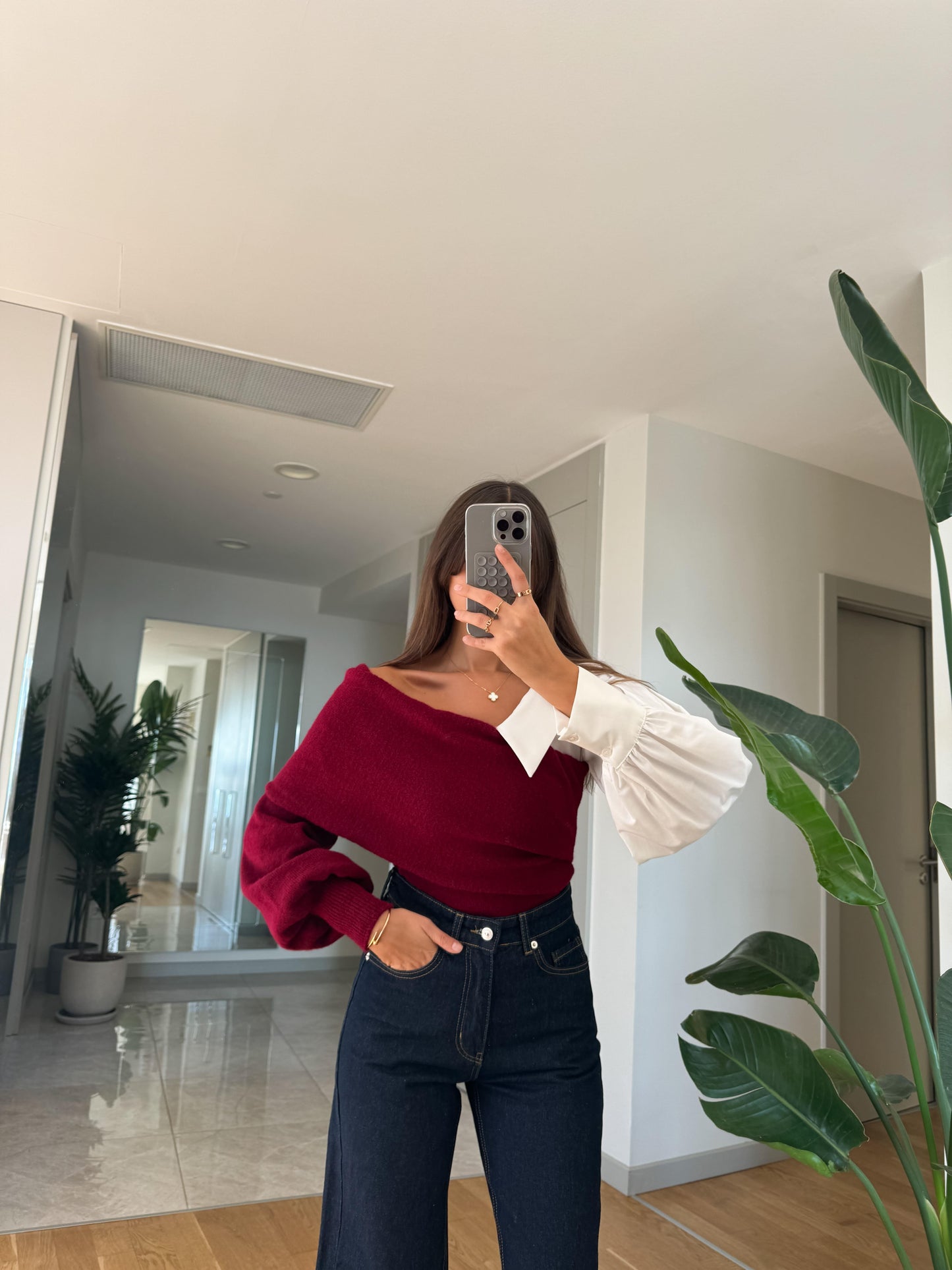 Burgundy Off Shoulder Pullover With Shirt Sleeve