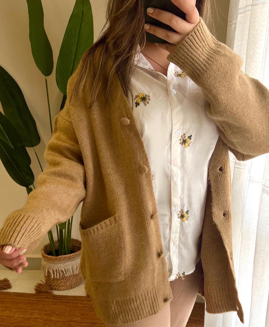 Camel Double Pockets Knitted Cardigan