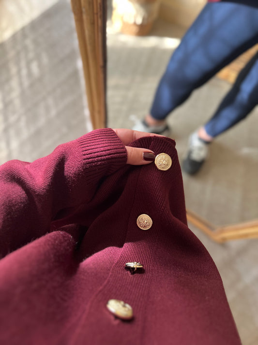 Burgundy Oversized Cardigan With Golden Buttons