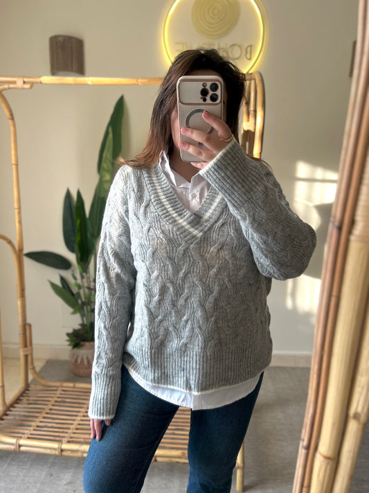 Grey Striped V Neck Pullover