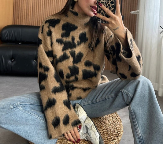 Leopard Camel High Neck Pullover