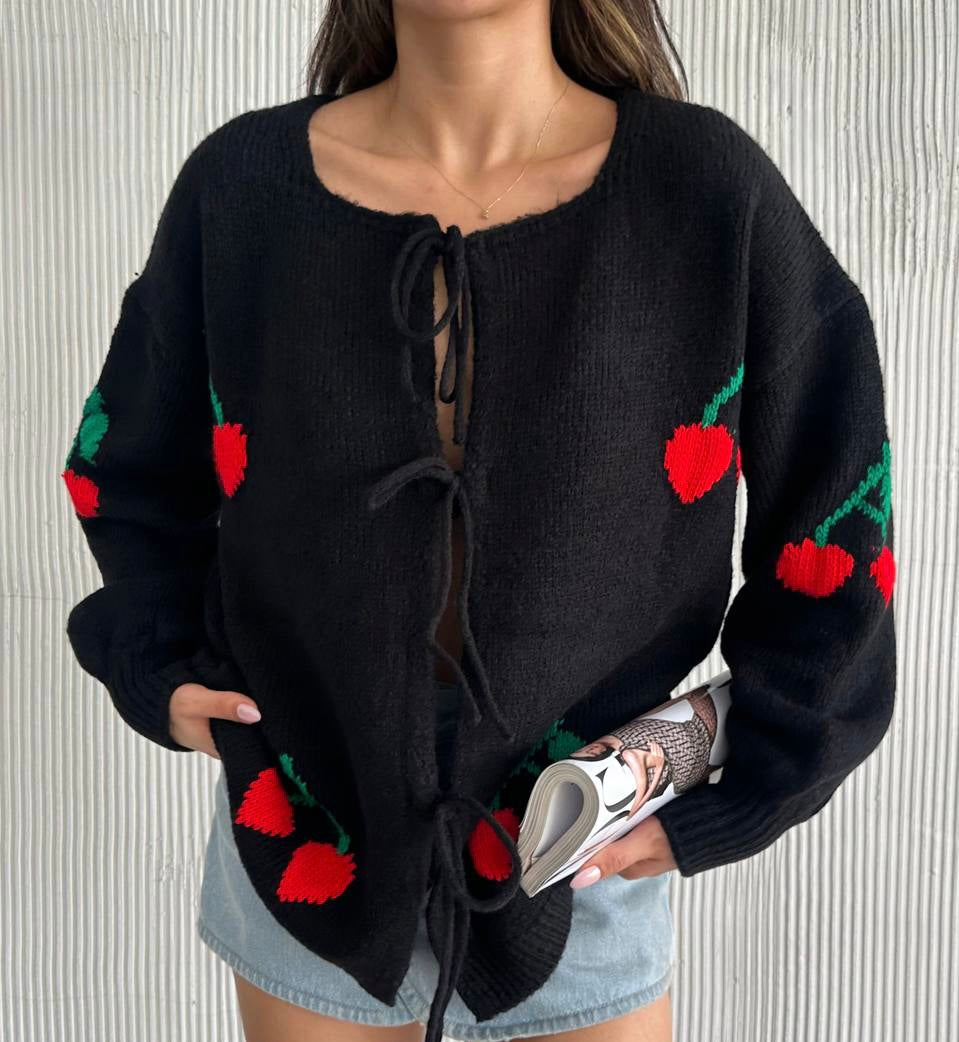 Cherry Black Cardigan With Tie Front Details