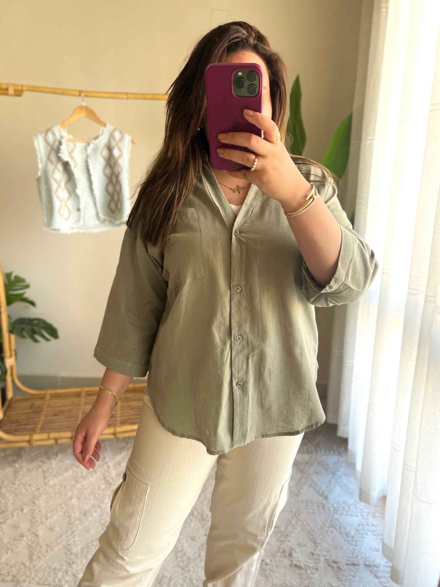 Olive Linen Oversized Shirt