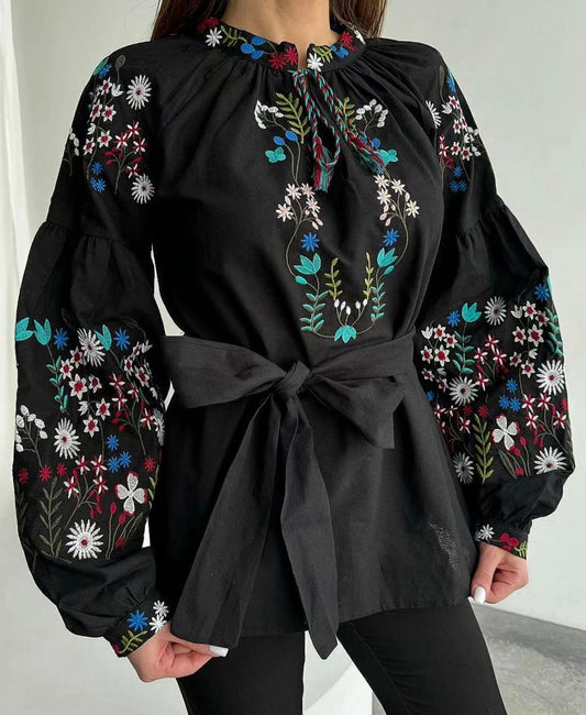 Black Floral Embroidered Belted Blouse