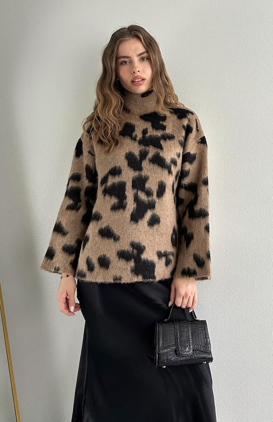 Leopard Camel High Neck Pullover