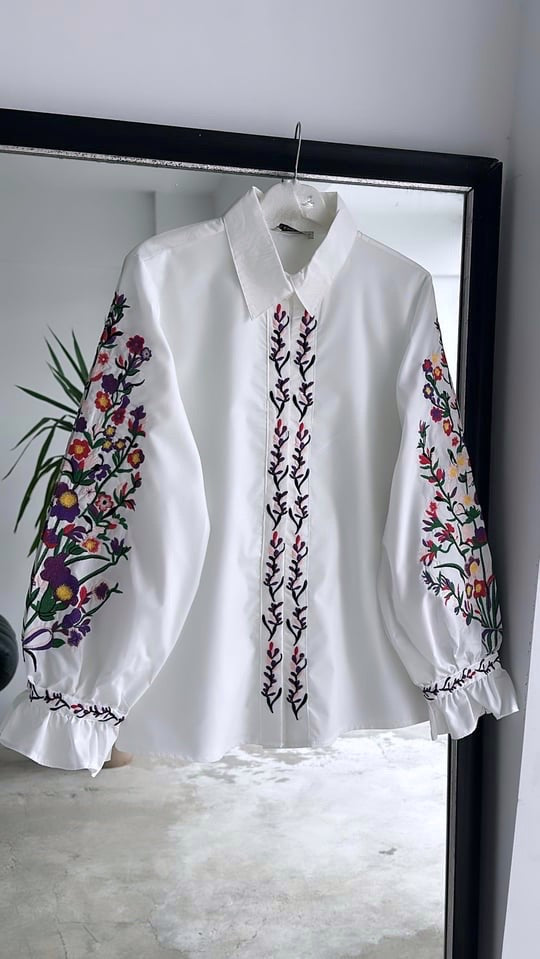White Floral Embroidered Shirt Blouse