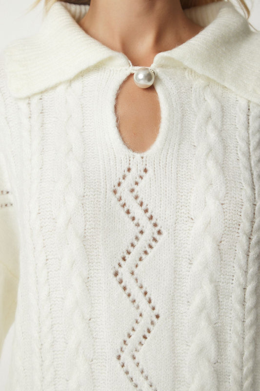 White Braided Pullover With Pearl Button