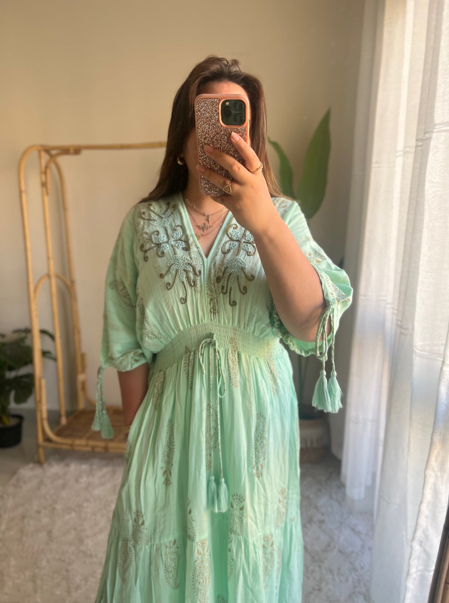 Italian Turquoise Embroidered Dress With Pockets