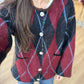 Burgundy Grey Rhombus Cardigan