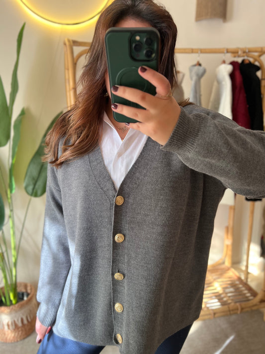 Grey Oversized Cardigan With Golden Buttons