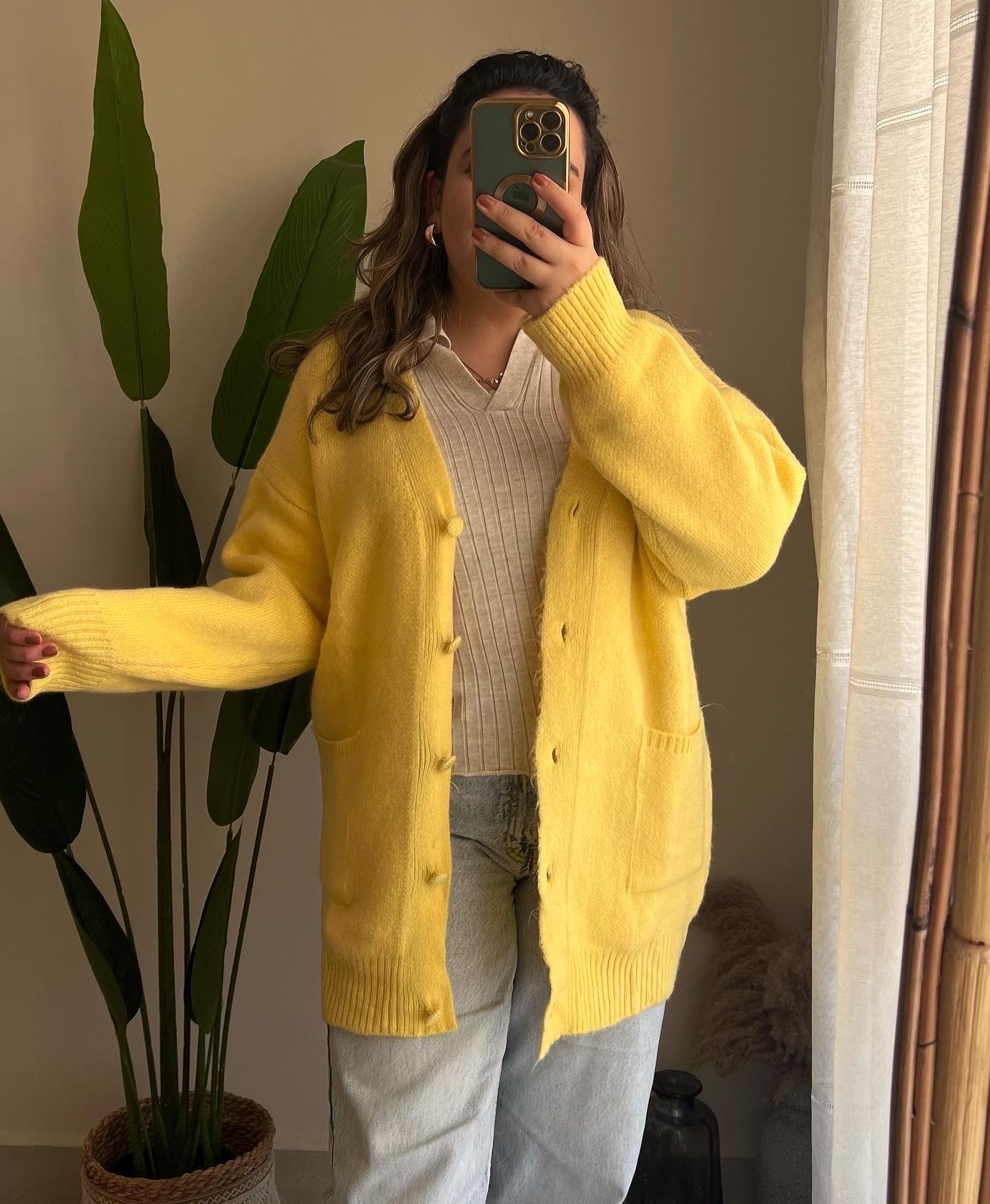 Yellow Double Pockets Knitted Cardigan