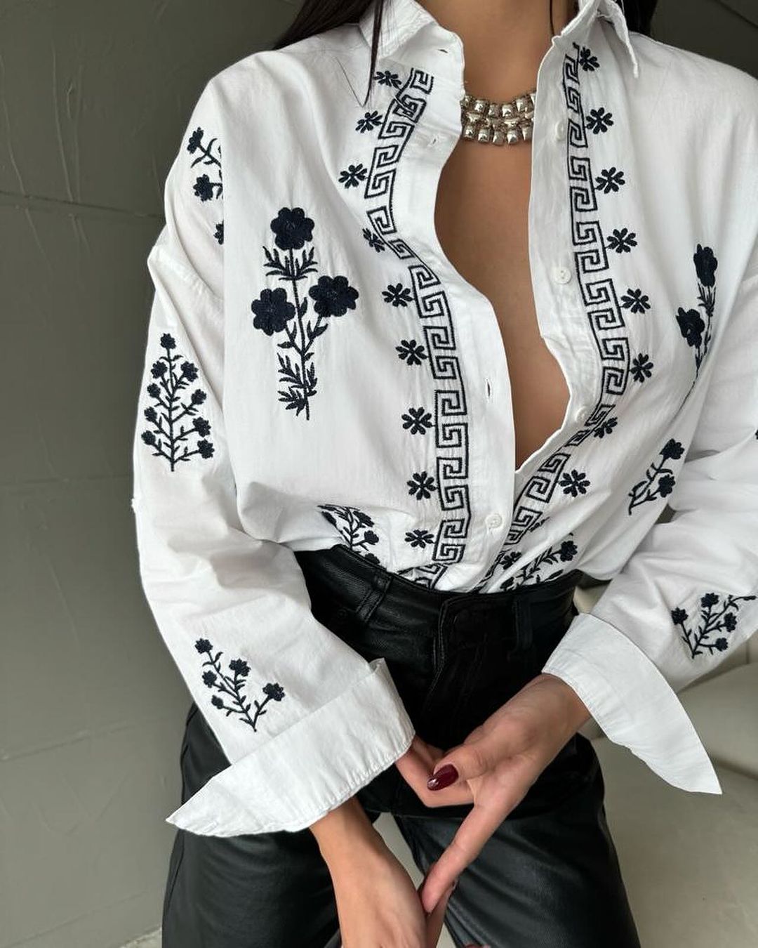 White X Navy Floral Embroidery Shirt