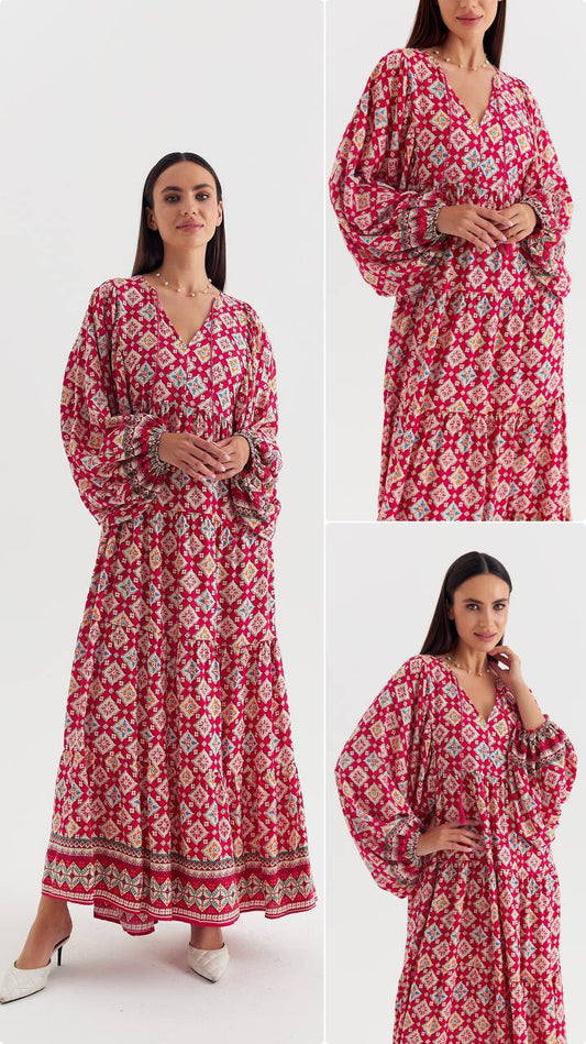 Fuchsia Patterned Boho Tasseled Dress