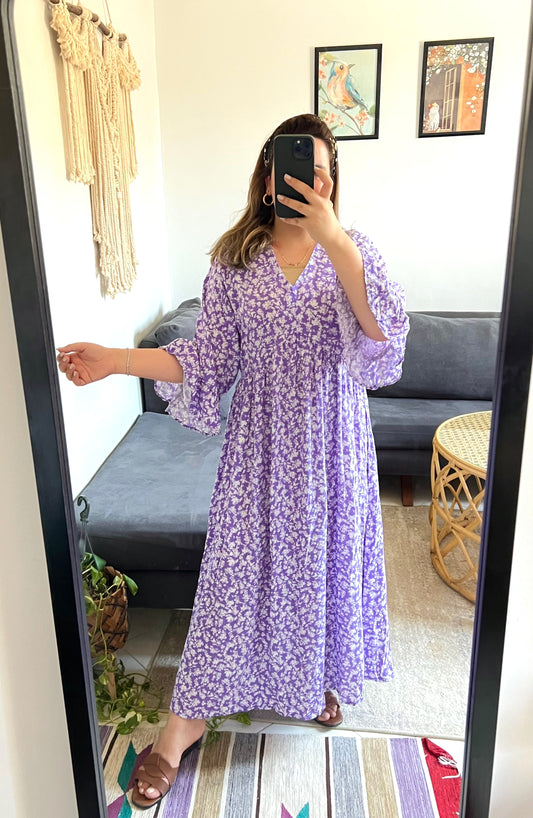 Floral Purple Ruffled Sleeves Dress