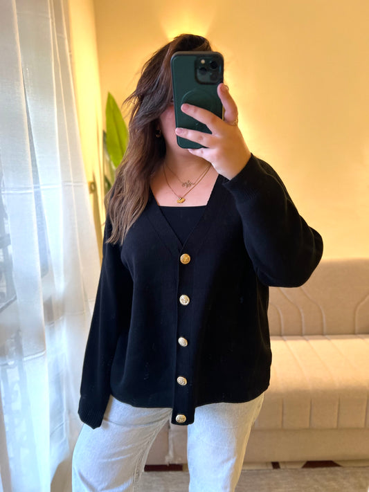 Black Oversized Cardigan With Golden Buttons