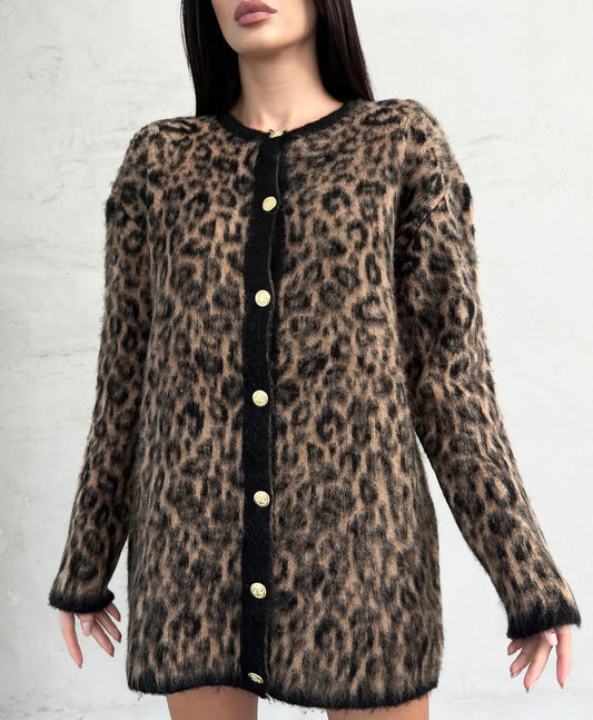 Brown Leopard Mohair Long Cardigan