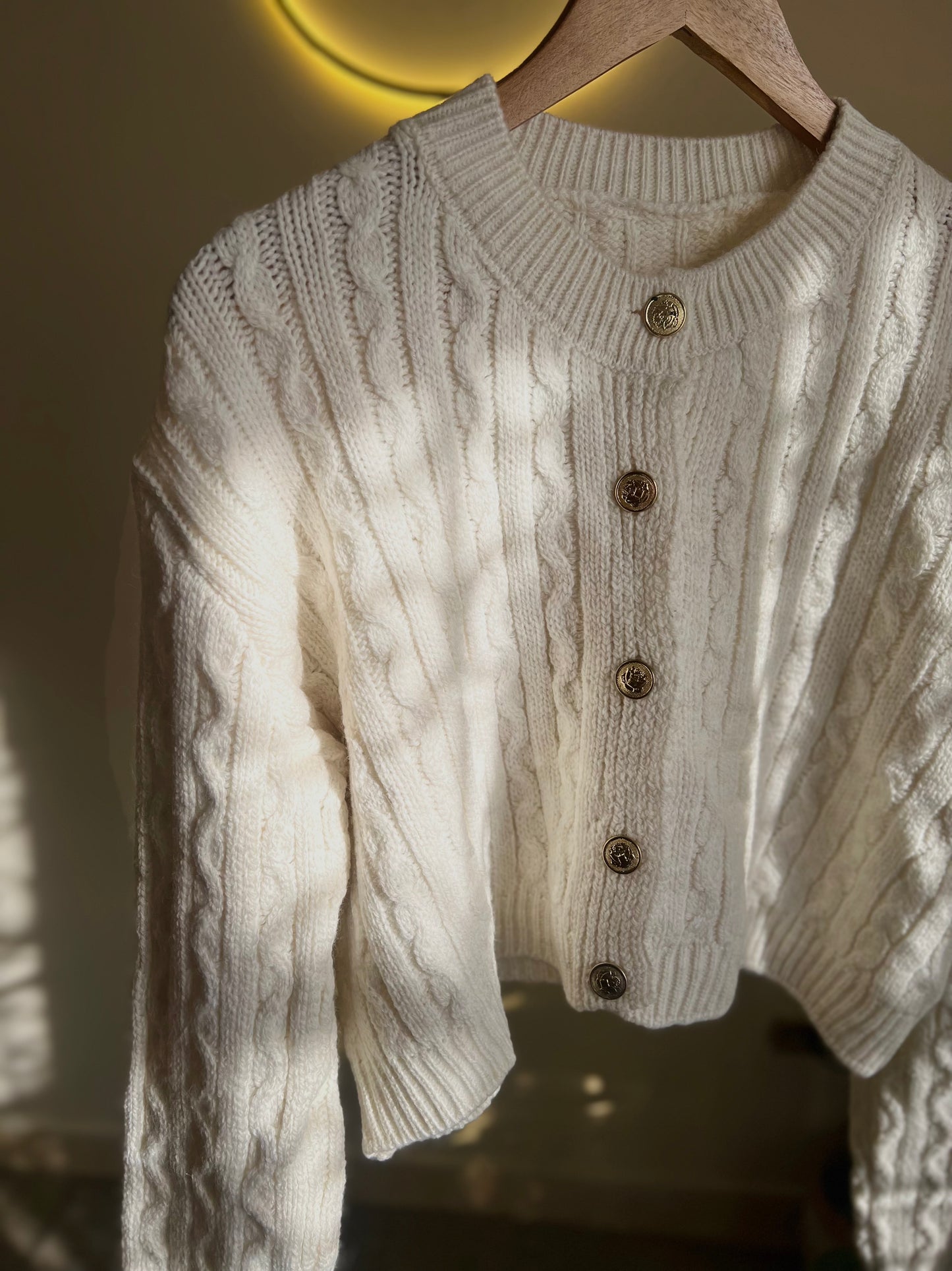 Cream Braided Cardigan With Golden Buttons