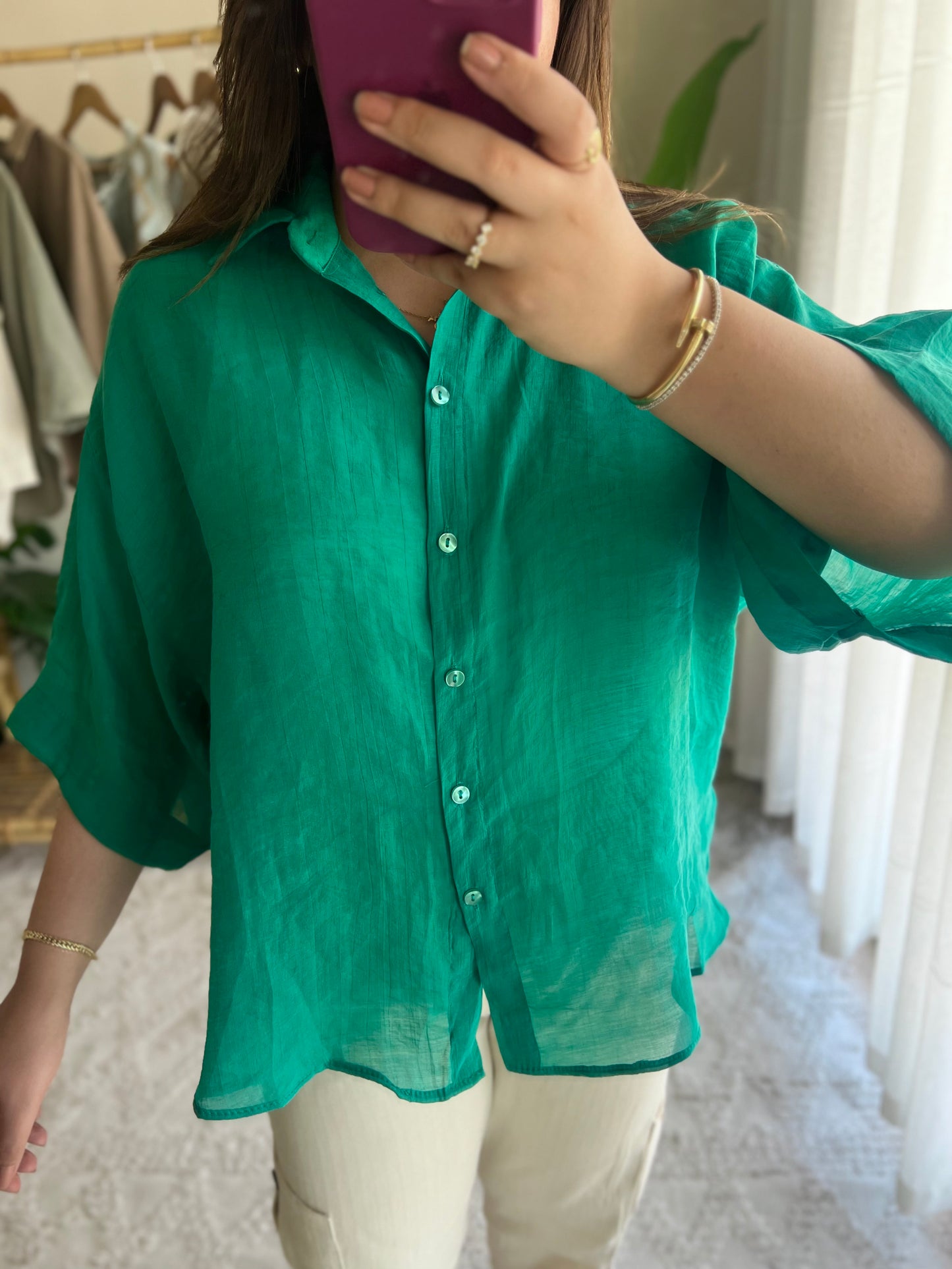 Green Oversized 3/4 Sleeve Shirt