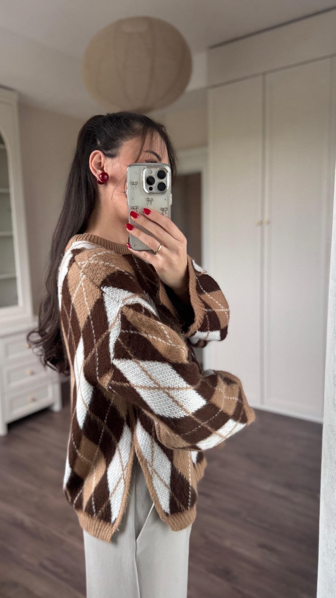 Brown X Beige Baklava Pullover With Slits