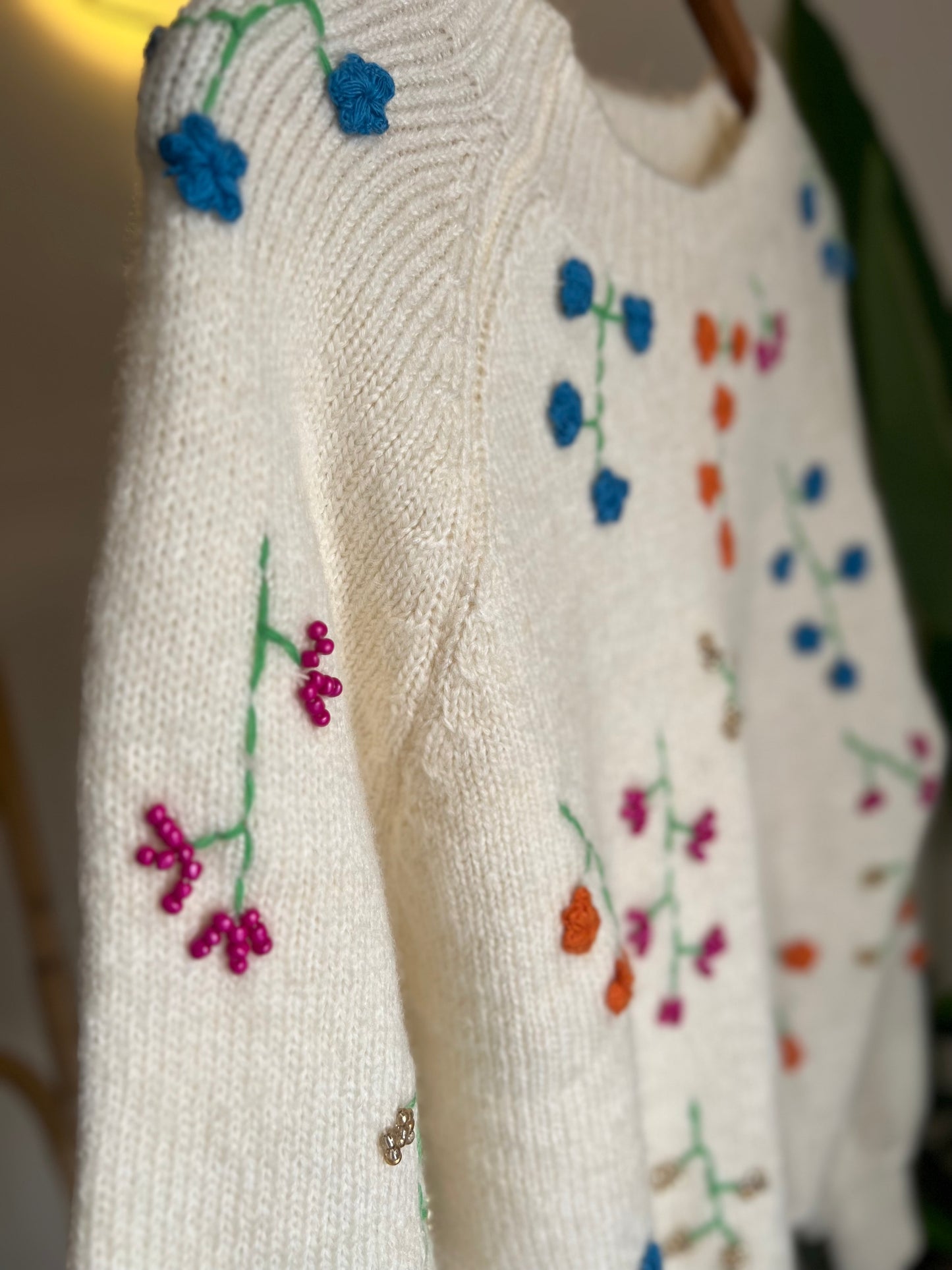 Cream Embroidered Floral Pullover