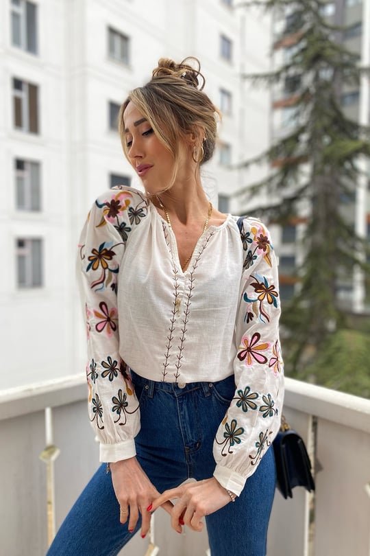 Floral Embroidered White Blouse