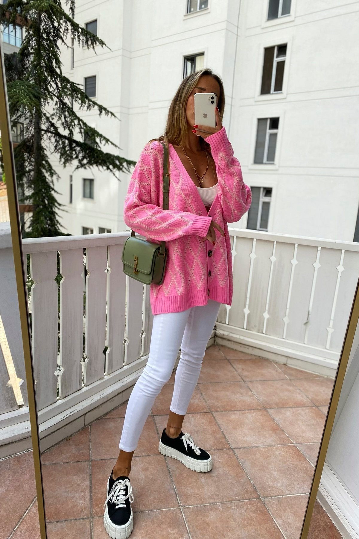 Rhombus Pink Knitted Cardigan