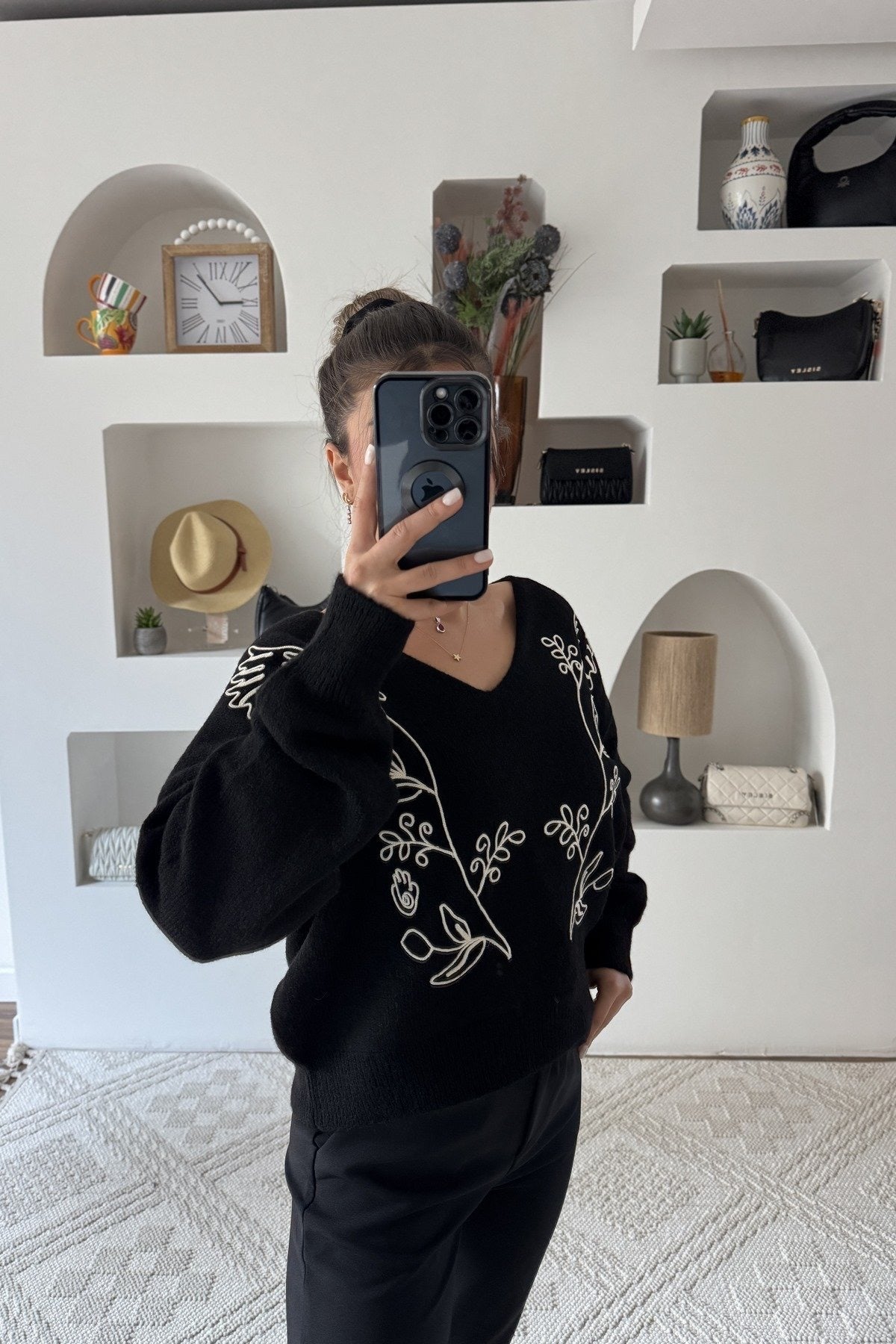 Black Embroidered V Neck Pullover