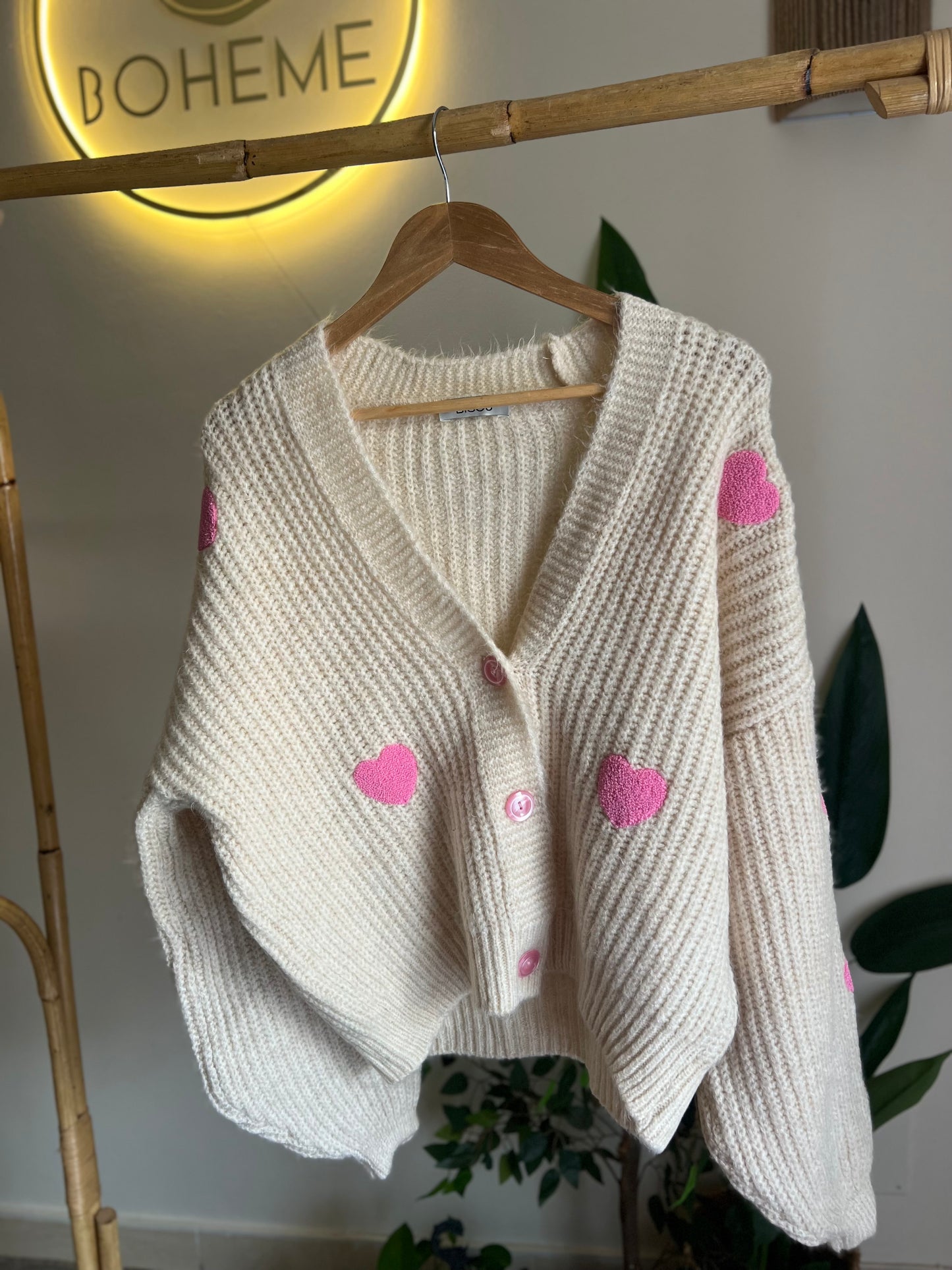 Beige X Pink Hearts Triko Cardigan