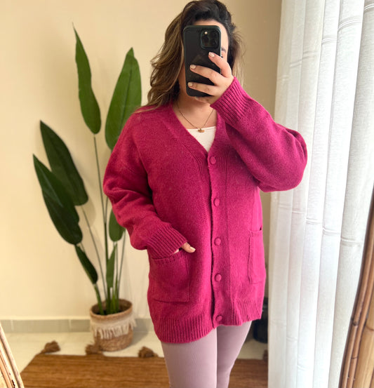 Fuchsia Double Pockets Knitted Cardigan