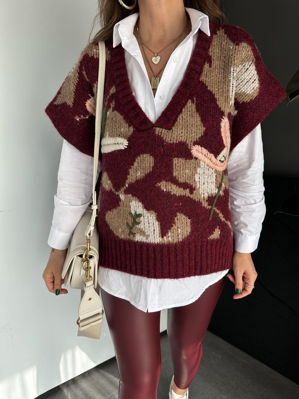 Embroidered Burgundy Multicolored Triko Vest