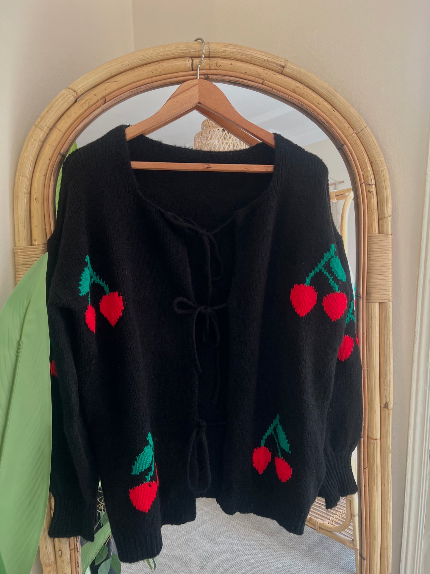 Cherry Black Cardigan With Tie Front Details