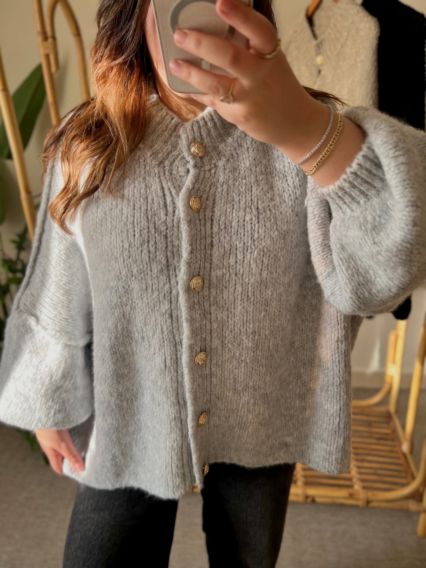 Italian Grey Triko Cardigan With Golden Buttons