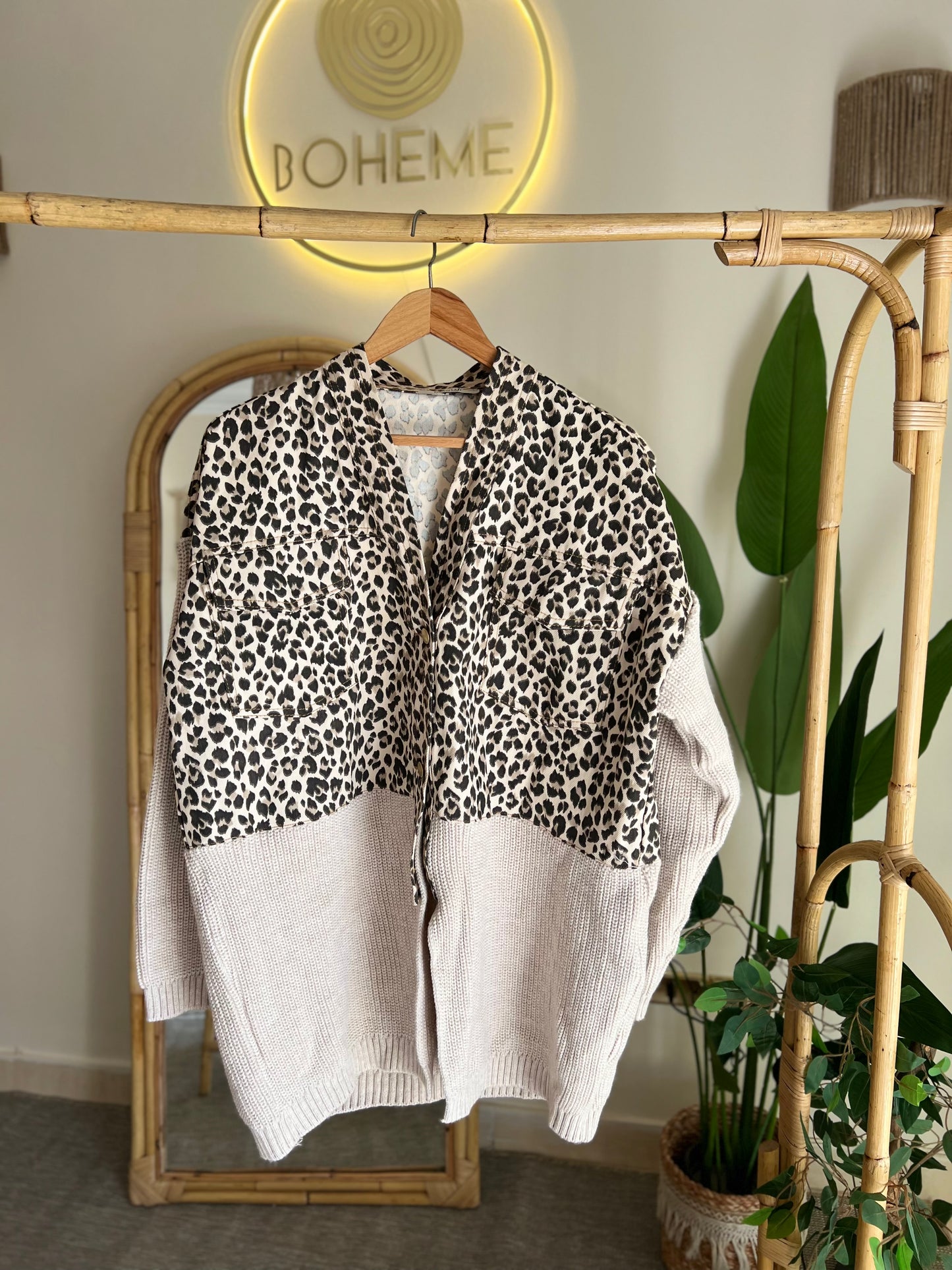 Denim X Triko Beige Leopard Jacket With Pockets