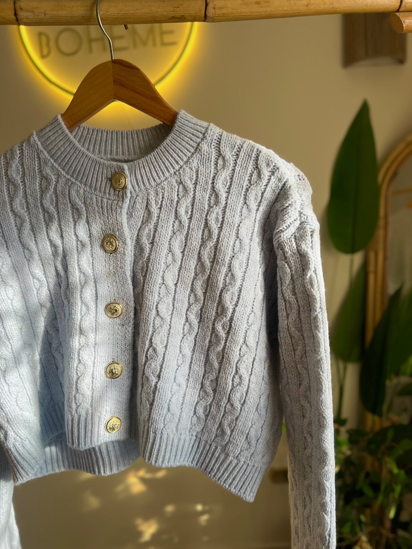 Baby Blue Braided Cardigan With Golden Buttons