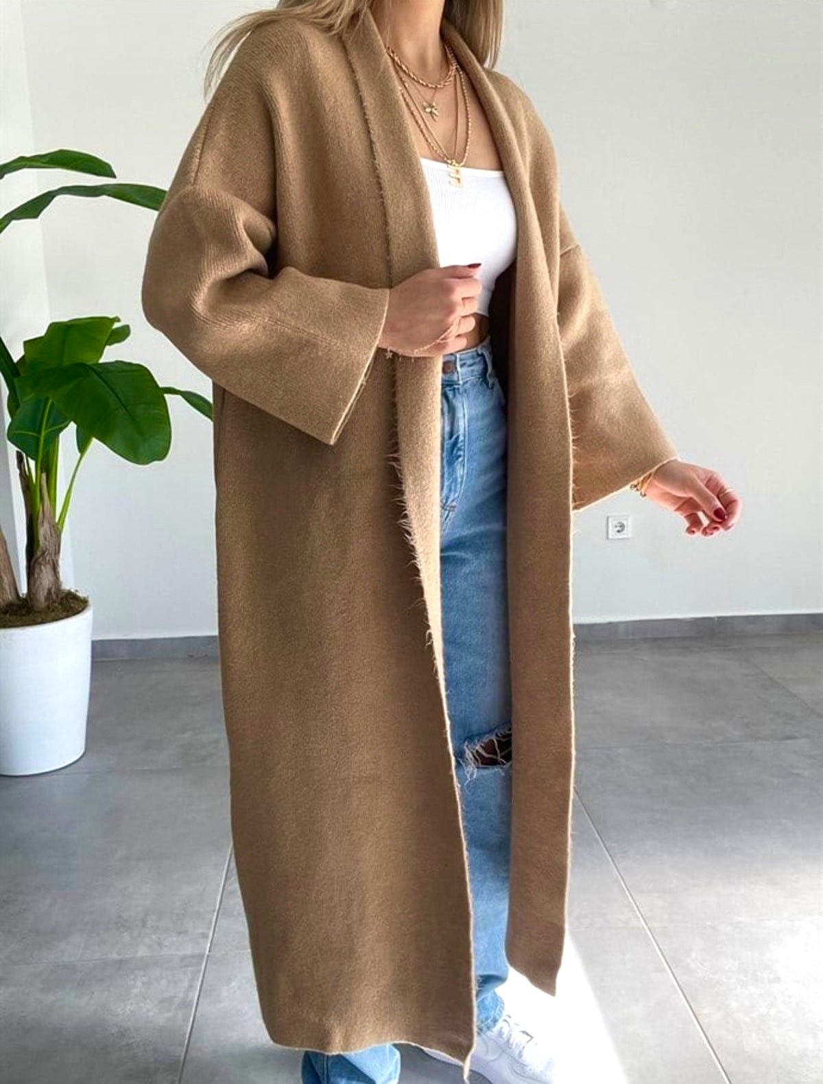 Camel Heavy Longline Coat Cardigan