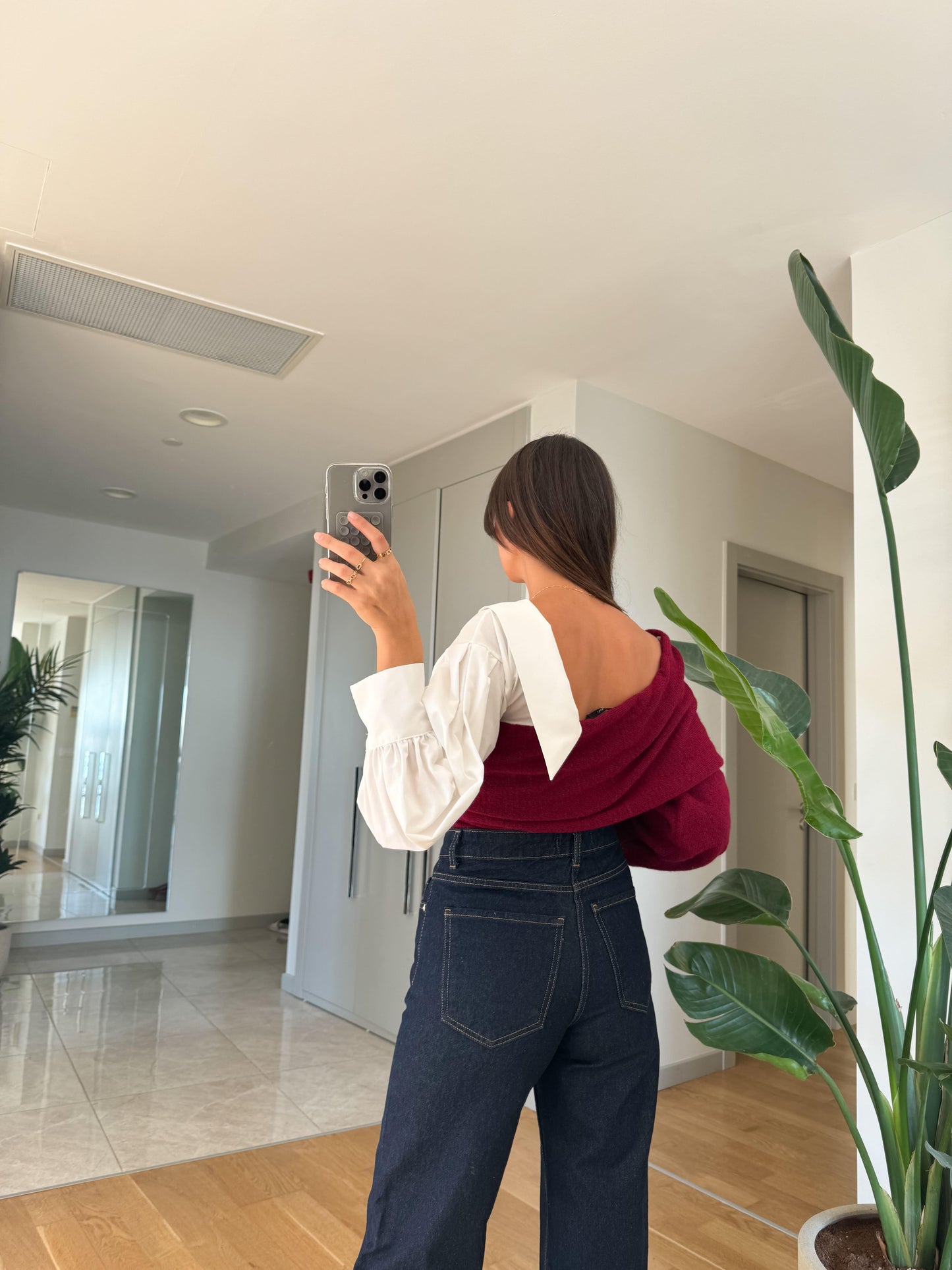 Burgundy Off Shoulder Pullover With Shirt Sleeve