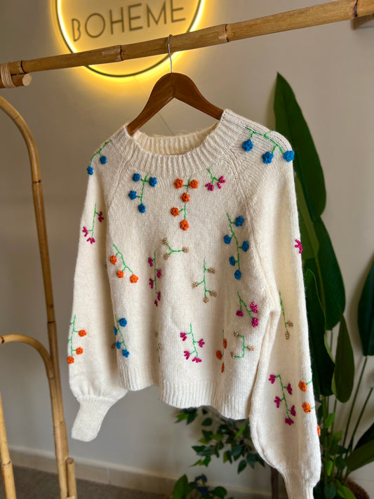 Cream Embroidered Floral Pullover