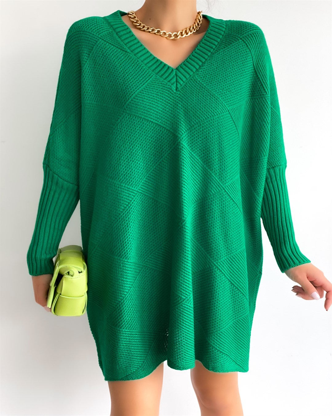 Green Oversized V Neck Pullover