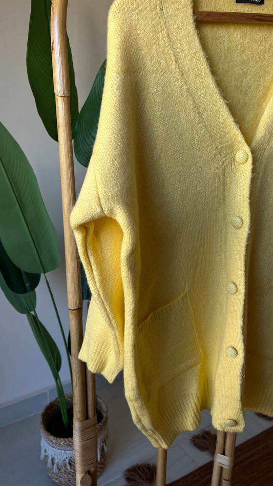 Yellow Double Pockets Knitted Cardigan