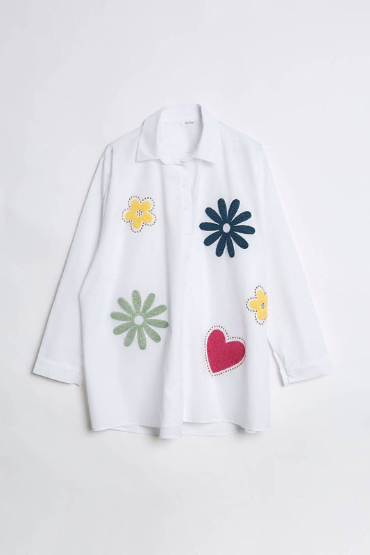 White Handmade Embroidery Heart Shirt